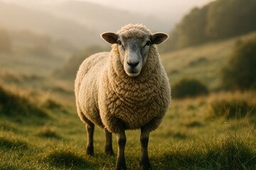 Naklejka premium Serene sheep in misty landscape.
