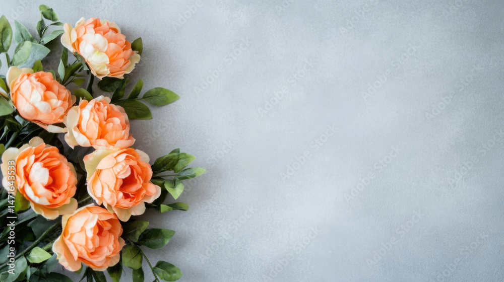 Poster peach-colored artificial roses bouquet on a gray textured background, creating a delicate and elegan