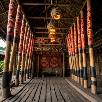 Traditional Dayak longhouse decorated for Gawai festival, with bamboo torches and cultural ornaments, no people, vibrant colors, suitable for cultural celebration themes