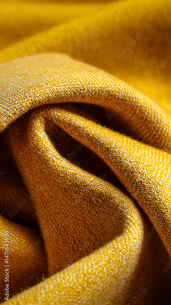 Poster close-up of yellow fabric texture with subtle white threads, showing folds and soft drapes, suggesti