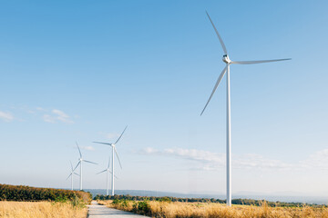 Amidst a winter meadow windmill farm turbines harness the wind's force for sustainable energy. Modern wind technology supporting a cleaner environment under a blue sky.