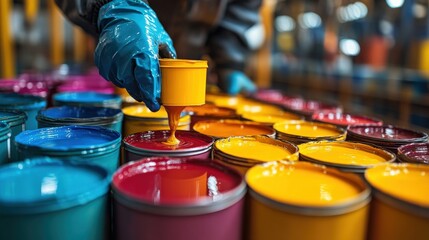 Vibrant paint mixing in industrial setting with bright colorful cans and focused worker action