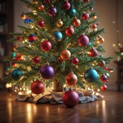 Vibrant baubles adorn a Christmas tree, surrounded by a magical glow of blurred lights ,  illumination,  glow,  happy holidays
