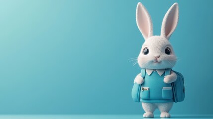 Obraz premium Cute cartoon rabbit with backpack on blue background, playful character design for children’s themes and illustrations