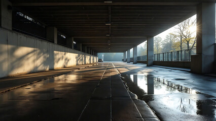 urban underpass with reflected water puddles, harsh angular shadows from concrete beams, gritty texture, moody lighting, cinematic perspective

