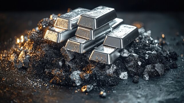 Shiny silver bars stacked on coal: wealth, industry, and investment symbolism