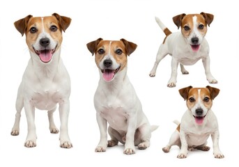 Multiple jack russell terrier dogs in various poses showing happy and playful expressions on a white background