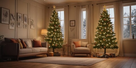 Tall decorated tree with twinkling lights, warm living room ambiance,  winter scene,  shine,  xmas tree
