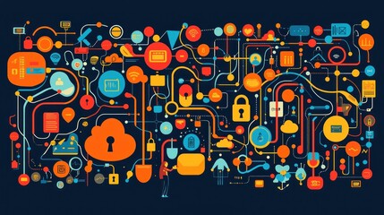 Colorful interconnected network of abstract digital elements.