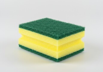 Close-up of a green and yellow sponge with a scouring pad on a white background in horizontal orientation