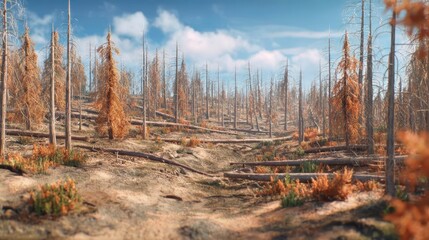Damaged forest landscape after wildfire devastation.
