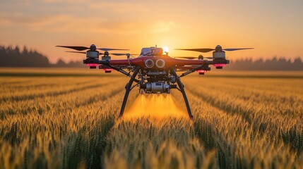 Fototapeta premium Close-up of a pesticide drone mid-flight, nozzles spraying liquid over an expansive wheat field at sunrise