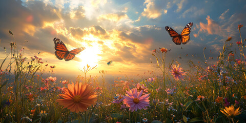 Graceful Butterflies Dancing Among Blooming Flowers in a Serene Valley

