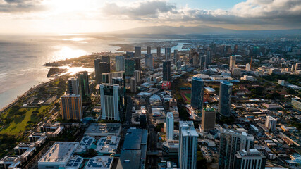 Beautiful luxurious Waikiki resort with green park in the middle. Ala Wai Canal and Pacific Ocean surround the area. Diamond Head