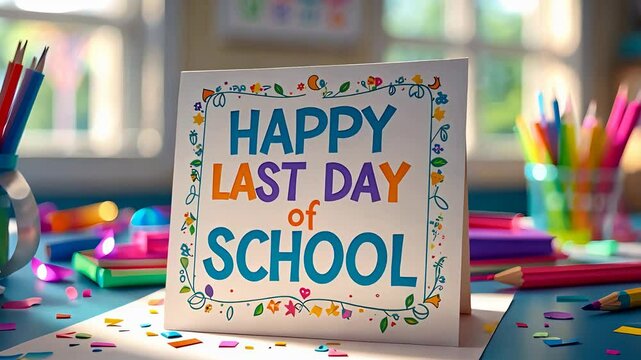 Colorful greeting card on a classroom desk with text “Happy Last Day of School,” surrounded by pencils, confetti, and bright decorations