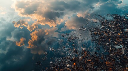 Reflection of clouds over polluted water with floating debris creating a contrast between nature and pollution