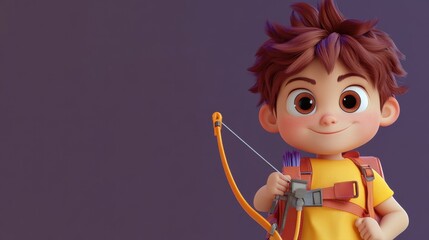 Cartoon boy with brown hair and orange bow, playful character standing against purple background, adventure theme