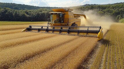 Fototapeta premium Self-driving combine harvester collecting grains efficiently, reducing labor costs and increasing productivity