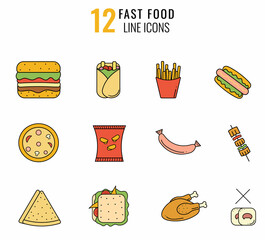A set of 12 fast food icons on white background. Design for websites, mobile applications and printed materials. Vector illustration