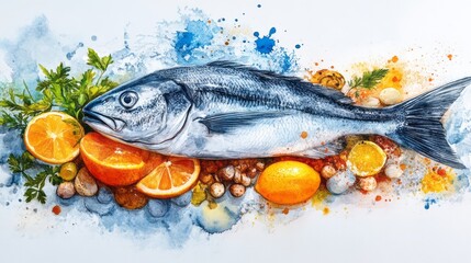 Fresh fish with citrus fruits and herbs, a colorful artistic still life.
