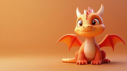 Obraz premium Adorable Orange Dragon Character with Big Eyes and Cheerful Expression on Smooth Background