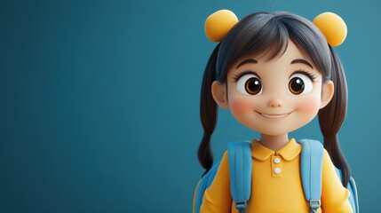 Cheerful young girl with pigtails and yellow backpack on blue background smiling happily at the viewer