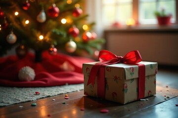 A beautifully wrapped Christmas present sits under a decorated Christmas tree, bathed in warm holiday light , season, festive, bow