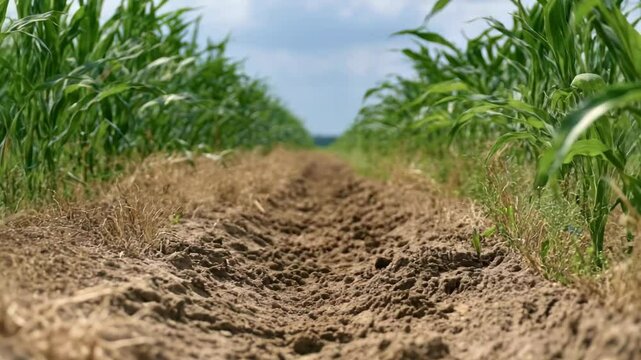 Tranquil rural farmland featuring row crops and a textured dirt path under a bright sky, showcasing agricultural landscape