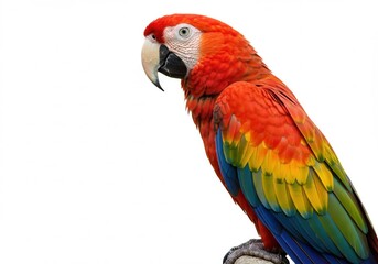 Obraz premium Scarlet macaw perched on a branch with vibrant red, yellow, and blue feathers against a white background