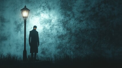 Obraz premium Mysterious Figure with Glowing Eyes Under Vintage Streetlamp in Dark Foggy Environment at Night