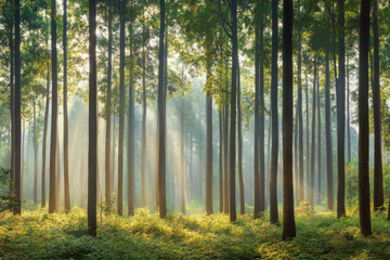 Obraz premium A dense forest with tall eucalyptus trees shrouded in morning fog
