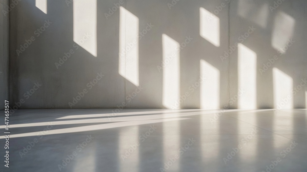 Poster Sunlight casts elongated shadows across a minimalist concrete wall and floor, creating a serene and modern interior scene. : Generative AI