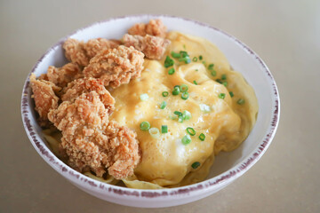 creamy omelet or omelet or omelette or fried egg with fried chicken or crispy chicken or chicken