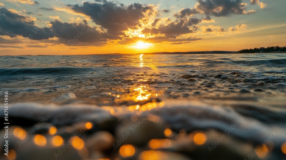 Poster Golden sunset over calm ocean waters, view from below the surface, showing small stones and wavelets shimmering with reflected sunlight. : Generative AI