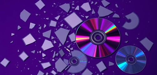 Shattered compact disc fragments scattered on dark violet background, shattered, vintage