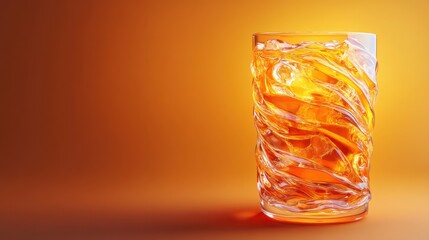 Refreshing Iced Beverage in a Twisted Glass on a Vibrant Orange Background