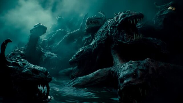 Horrible monsters in the twilight. Horror fantasy genre. Scary video clip for Halloween.	