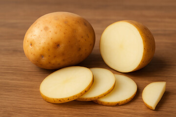 raw potatoes on a wooden board. potatoes cut on a cutting board