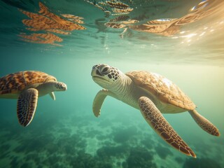 Obraz premium Two Sea Turtles Glide Through Ocean Waters, Golden Light