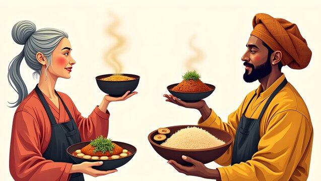 Culinary Harmony: Two chefs of different descents present a selection of delectable dishes in a vibrant celebration of culinary art. A visual symphony of food and flavor that evokes pure sensory joy.