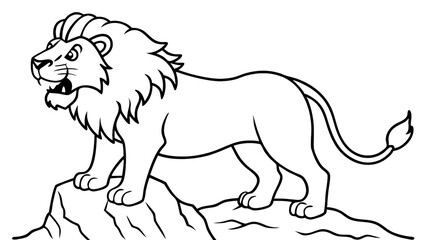 Obraz premium coloring book. Majestic lion with a wild mane growls atop jagged rocks, eyes full of rage.