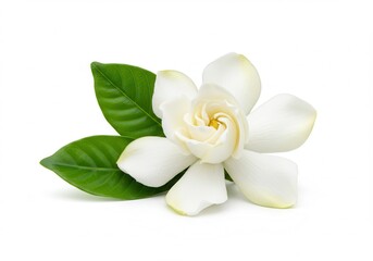 Fototapeta premium Close-up of a gardenia flower with white petals and green leaves against a white background