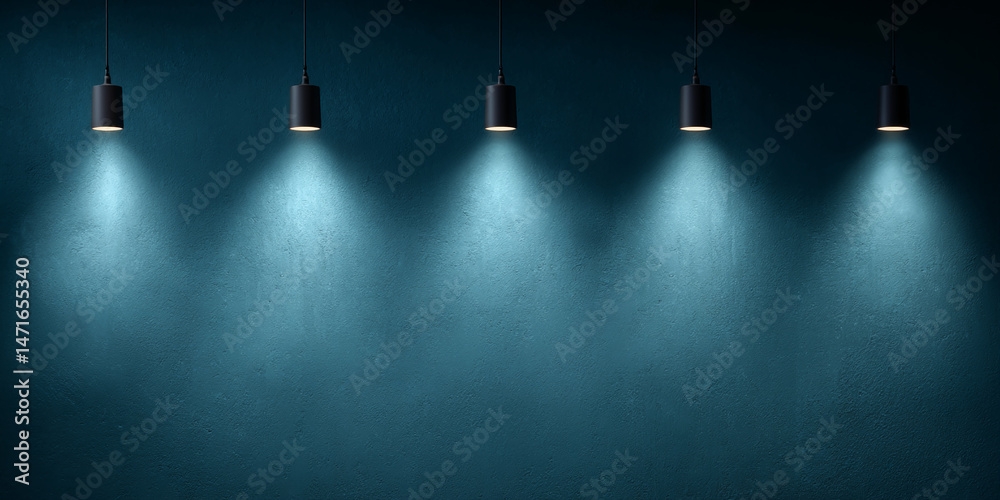 Poster teal textured wall lit by five hanging spotlights, creating a clean, modern showcase ideal for produ