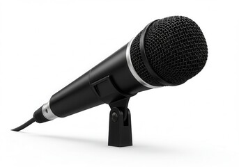 A black microphone with a stand sits on a white surface, ready for recording vocals or making announcements