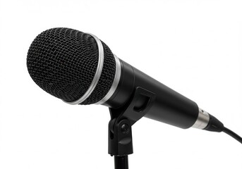 Close-up of a black dynamic microphone on a stand against a white background in a studio setting