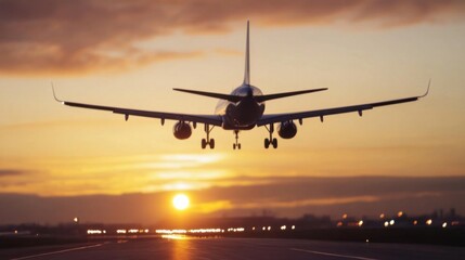 Fototapeta premium Airplane landing at sunset, silhouetted against a vibrant orange sky, with runway lights blurred in the foreground. : Generative AI