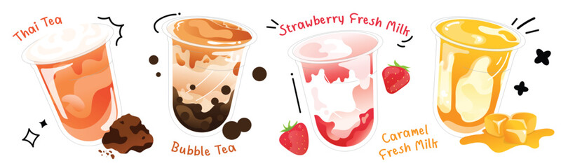 Colorful vector set of Thai tea, bubble tea, strawberry milk, and caramel fresh milk in plastic cups. Great for menu, cafe branding, or beverage promotion with fun and sweet style.