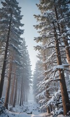 Fototapeta premium Snow dusted pines, icy branches, crisp winter light , nature photography, winter background, forest scene
