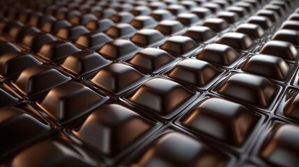 Close-up view of dark chocolate squares in a repeating pattern.
