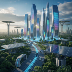 High-Tech Sustainable Metropolis with Solar Grid Clean Energy Smart City Renewable Urban Development Future